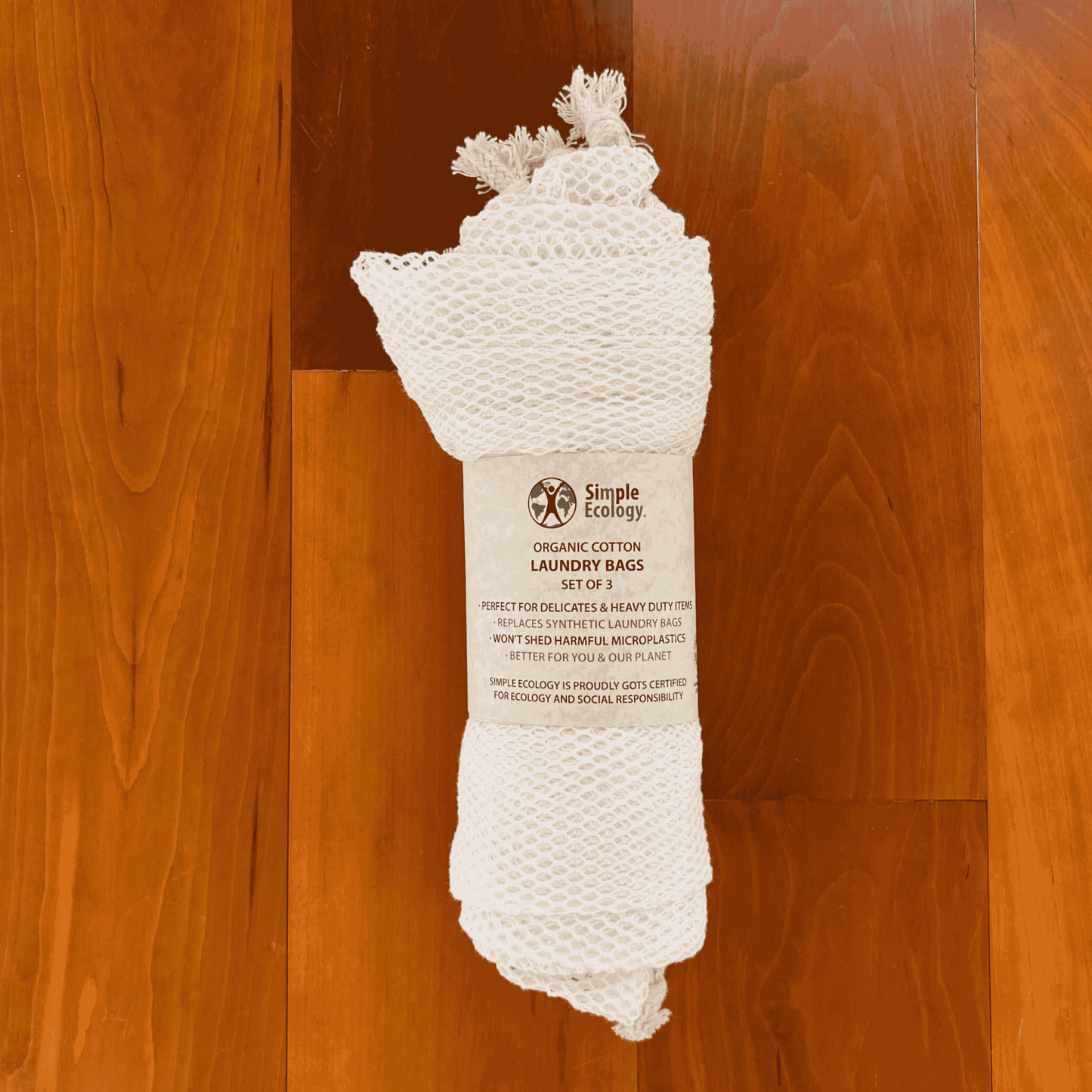 Bundled set of three 100% organic cotton mesh laundry bags for delicates, size small, medium, and large.