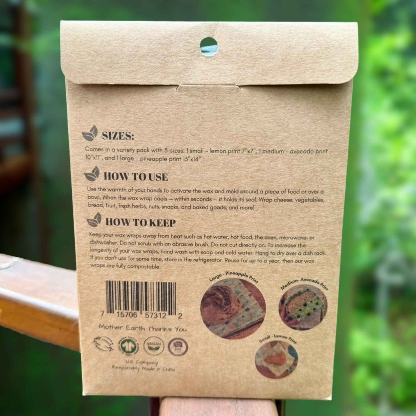 Back of kraft paper packaging for plant-based wax wraps, showing needs, how-to-use, and how-to-keep instructions with barcode.