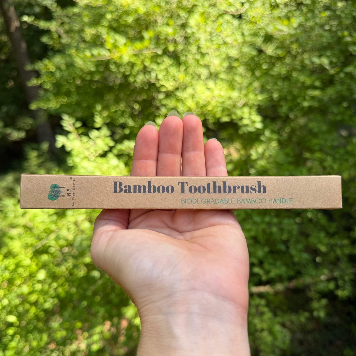 Bamboo Toothbrush box with biodegradable bamboo handle label, held in hand outdoors