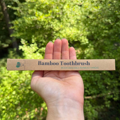 Bamboo Toothbrush box with biodegradable bamboo handle label, held in hand outdoors