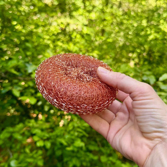 Hand holding round copper pot scrubber in front of green leaves