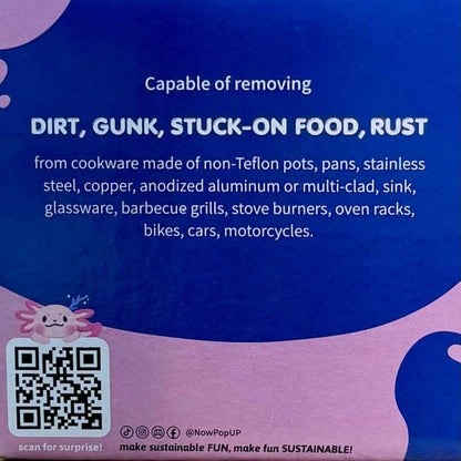 Description of what pot scrubber removes on purple and pink background