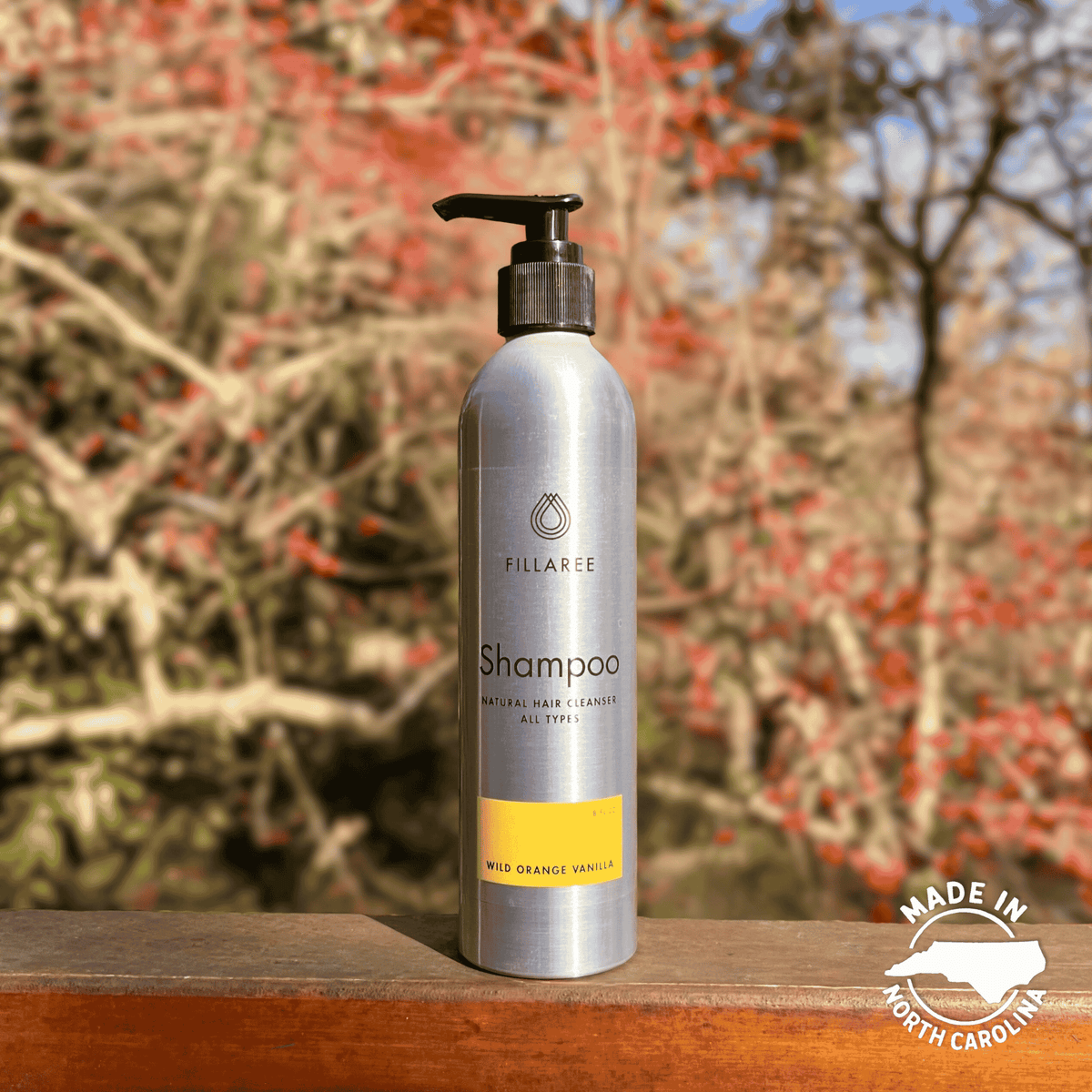 Fillaree Wild Orange Vanilla Shampoo, Made in North Carolina, fall berries background