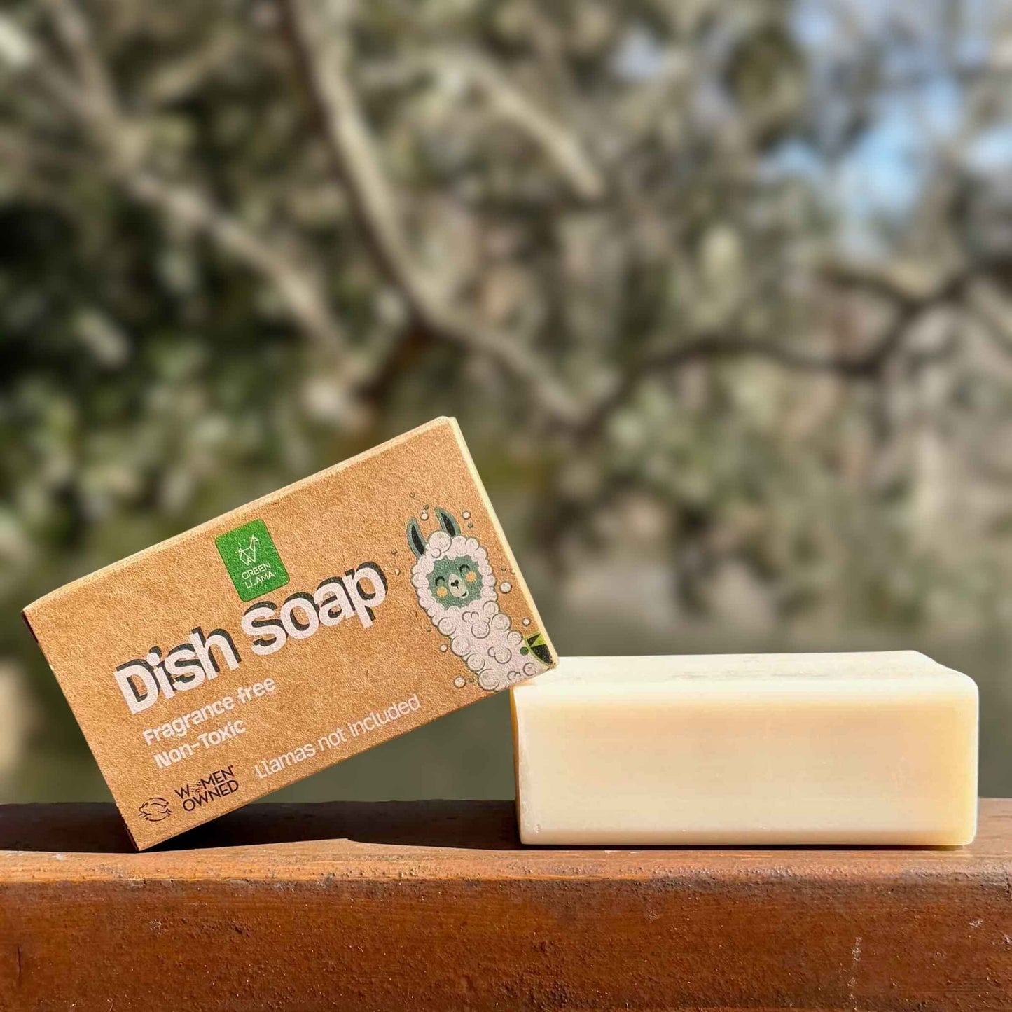 Green Llama Solid Dish Soap Bar - Unscented Coconut Oil Dish Soap in biodegradable packaging outdoors
