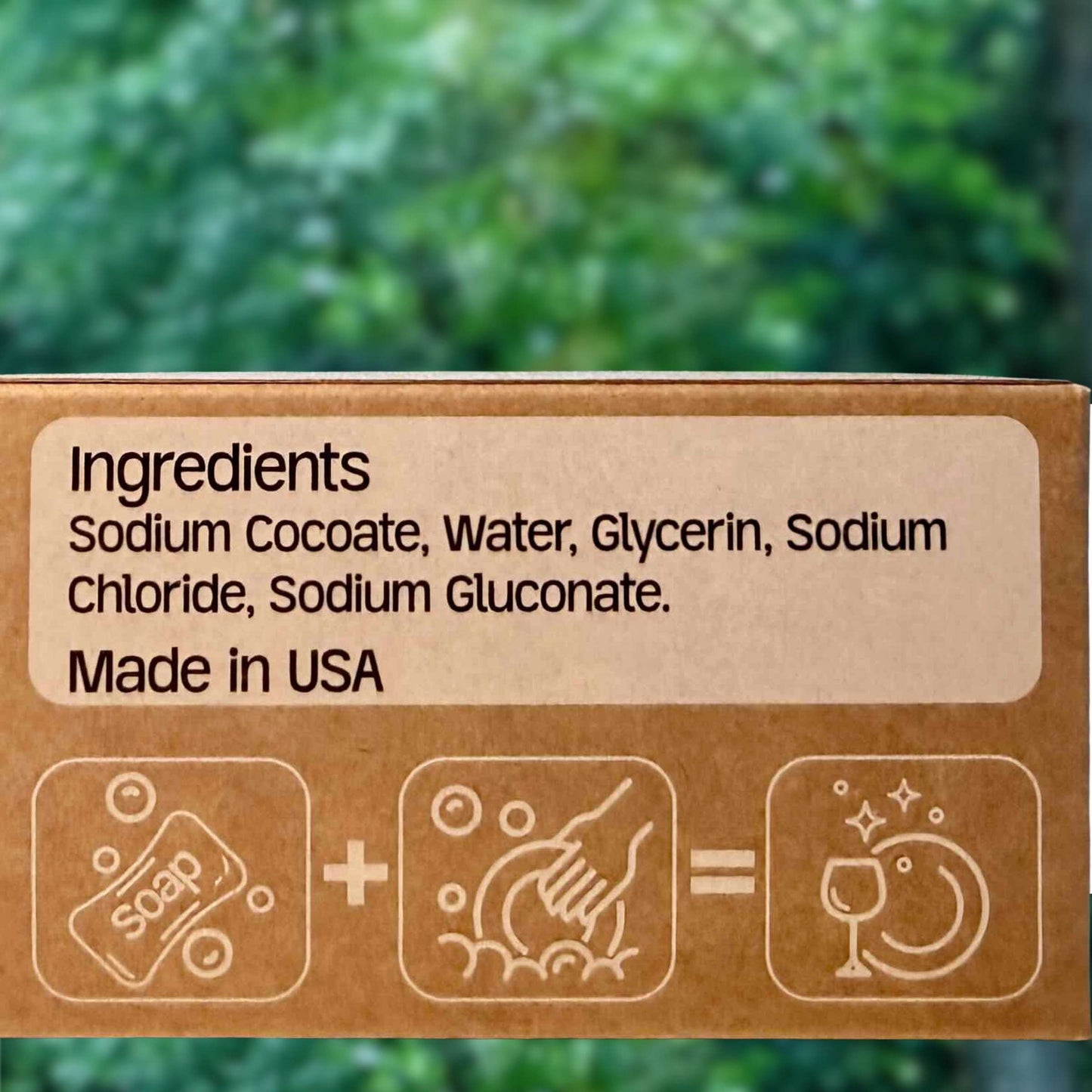 Ingredients list for Green Llama Solid Dish Soap: Saponified Coconut Oil, Sodium Carbonate, and Citric Acid. Made in the USA and plastic-free.