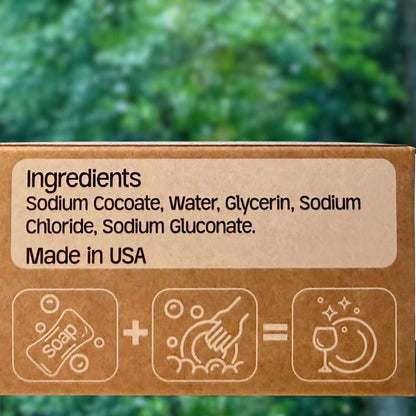 Ingredients list for Green Llama Solid Dish Soap: Saponified Coconut Oil, Sodium Carbonate, and Citric Acid. Made in the USA and plastic-free.