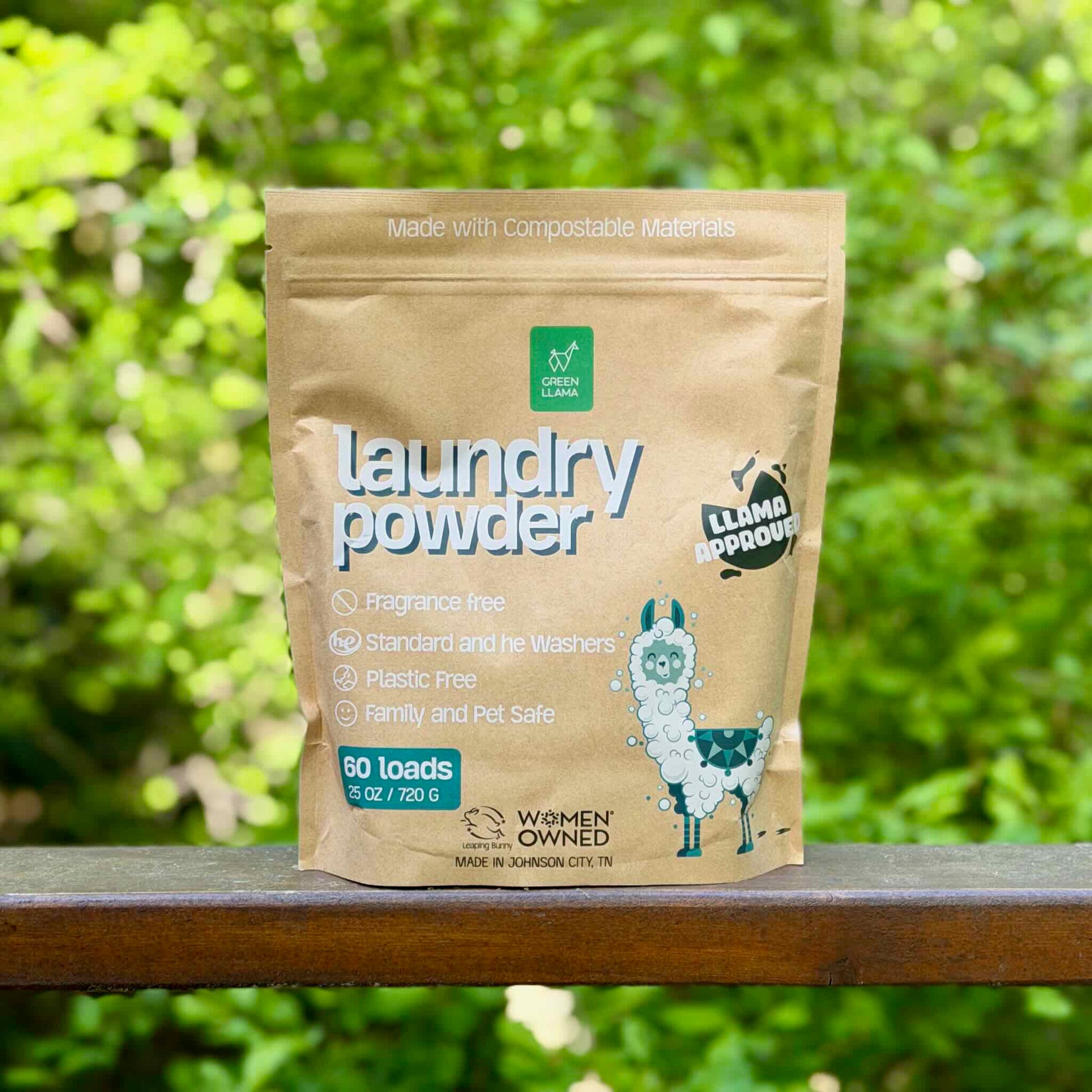 Green Llama plastic-free laundry detergent package, 60 loads