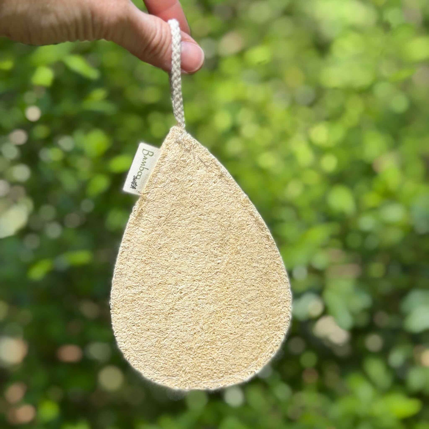 Natural loofah sponge with cotton hanging loop held against green foliage background