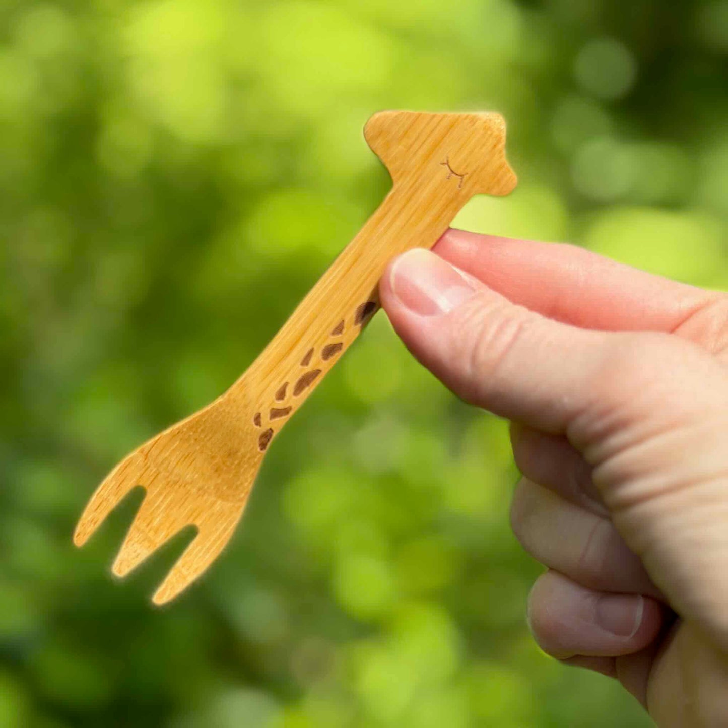 Bamboo child's fork with engraved giraffe design
