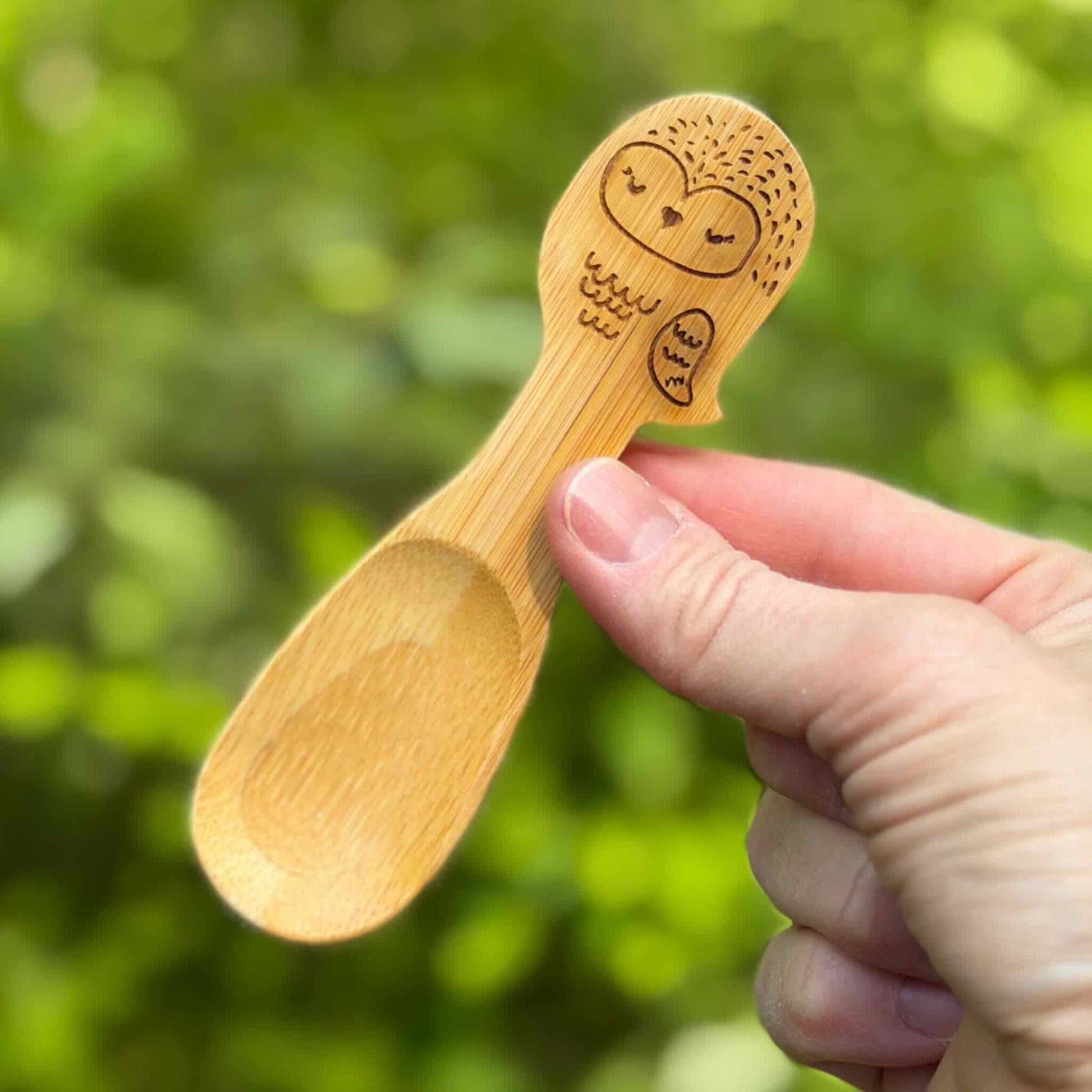 Bamboo child's spoon with engraved owl design