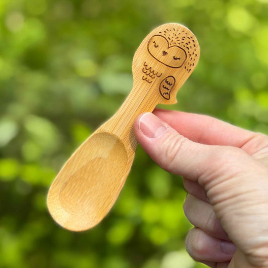 Bamboo child's spoon with engraved owl design