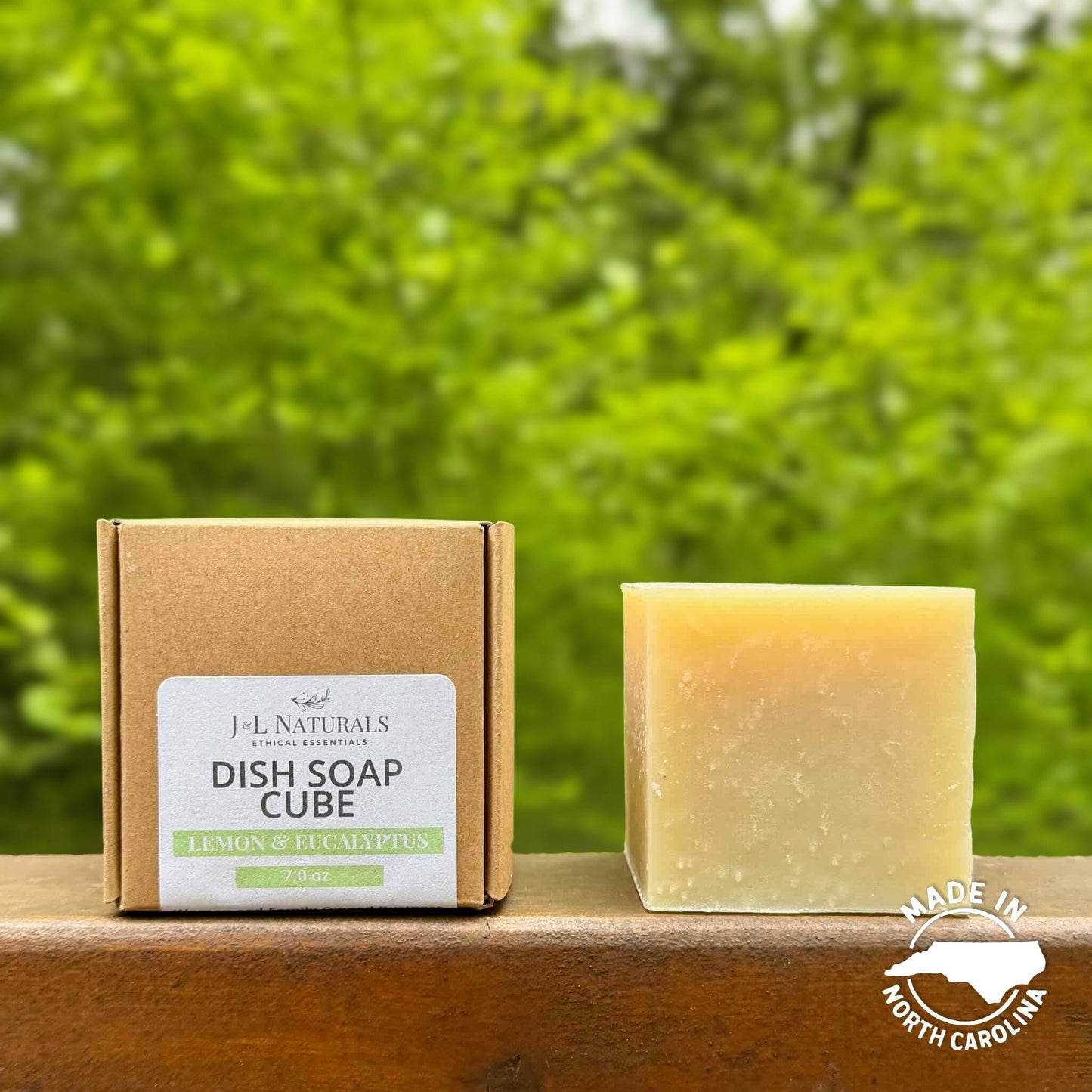 J&L Naturals Lemon & Eucalyptus Scented solid dish soap bar made in North Carolina in a forest setting