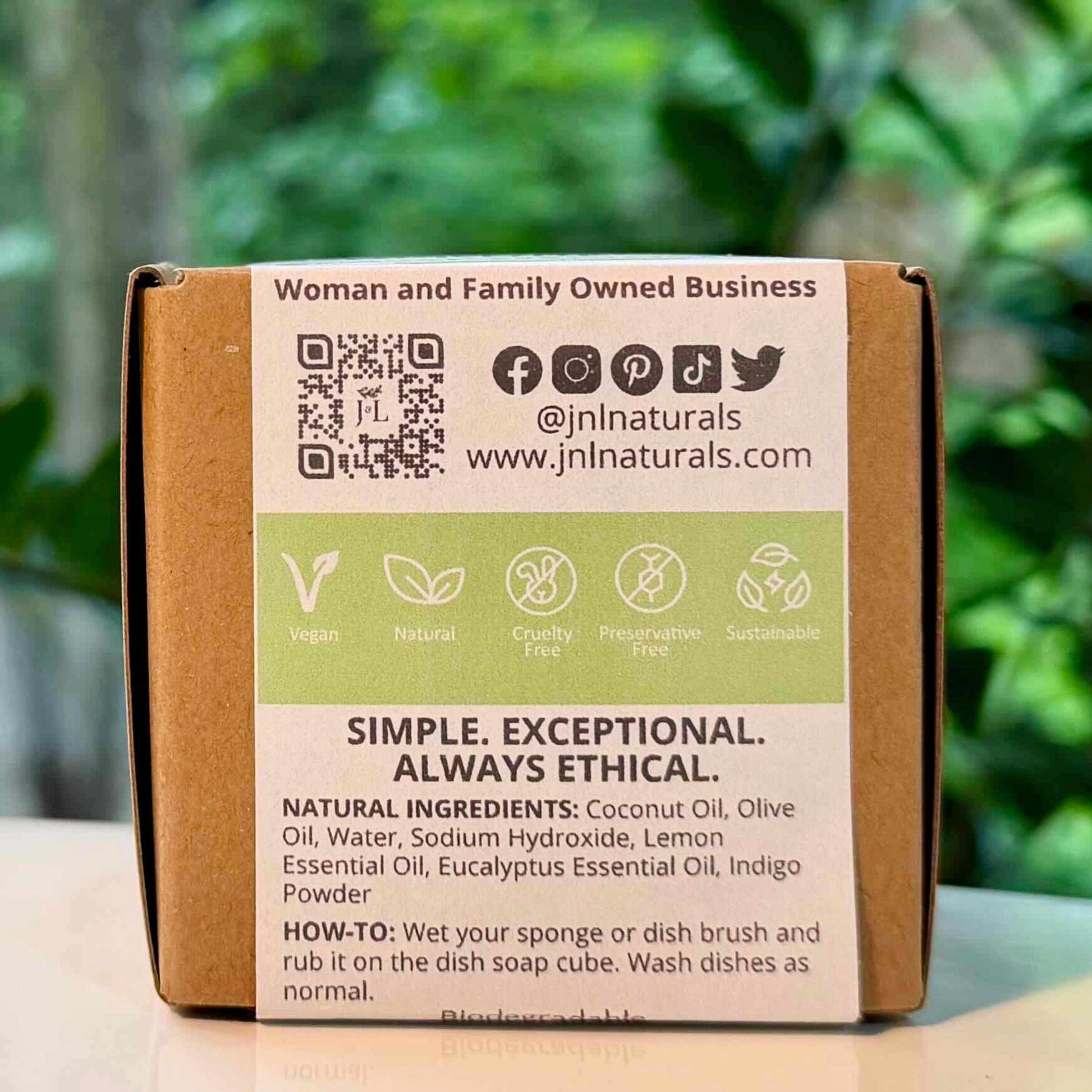 Ingredients for scented solid dish soap: Coconut Oil, Olive Oil, Water, Sodium Hydroxide, Lemon Essential Oil, Eucalyptus Essential Oil, Indigo Powder. Handmade in North Carolina.