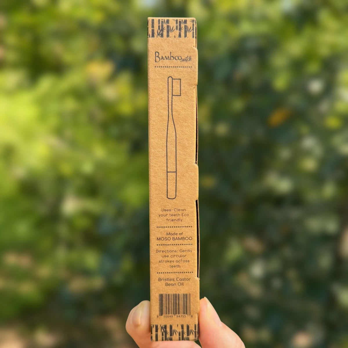 Back of Bamboo Switch kids toothbrush box listing moso bamboo handle and castor bean oil bristles