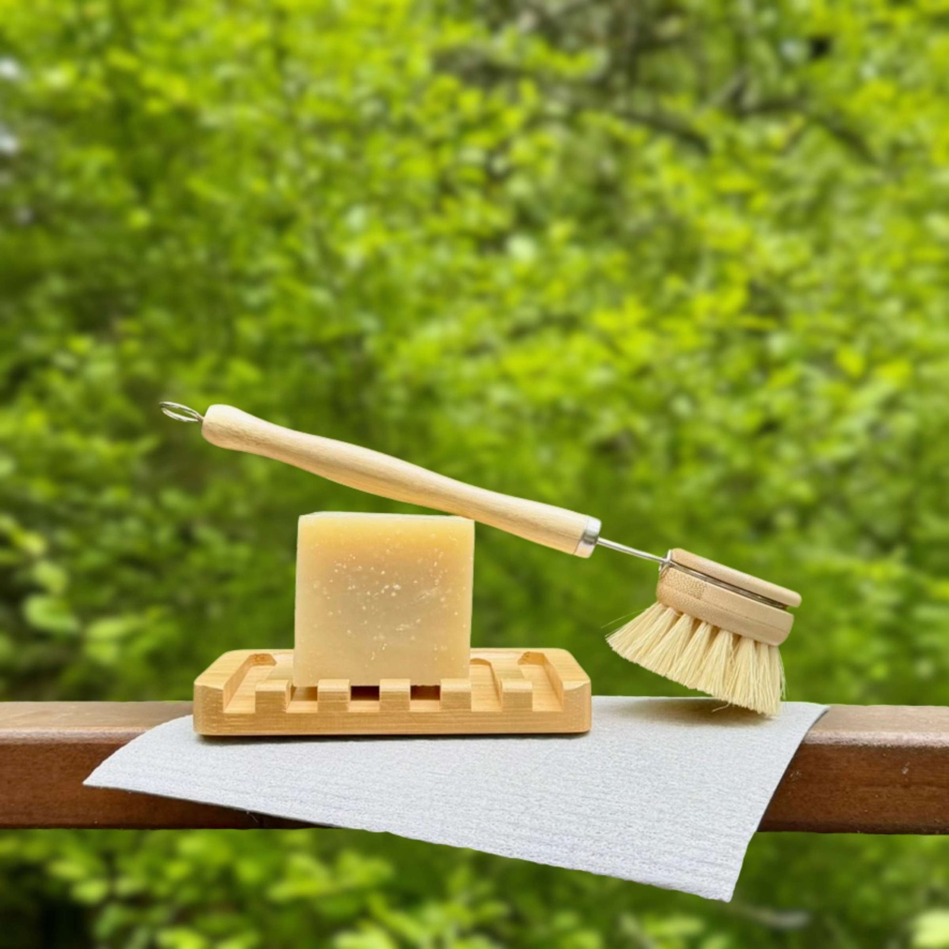 mini kitchen bundle with sisal dish brush, dish soap bar, bamboo soap holder and swedish dish cloth for a complete plastic-free sink set