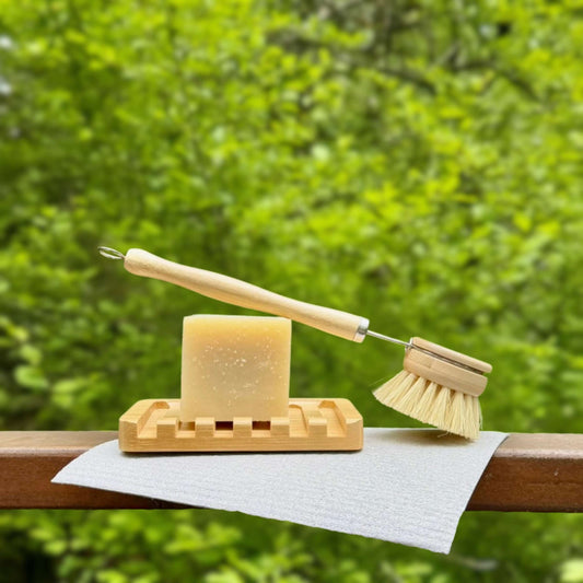 mini kitchen bundle with sisal dish brush, dish soap bar, bamboo soap holder and swedish dish cloth for a complete plastic-free sink set