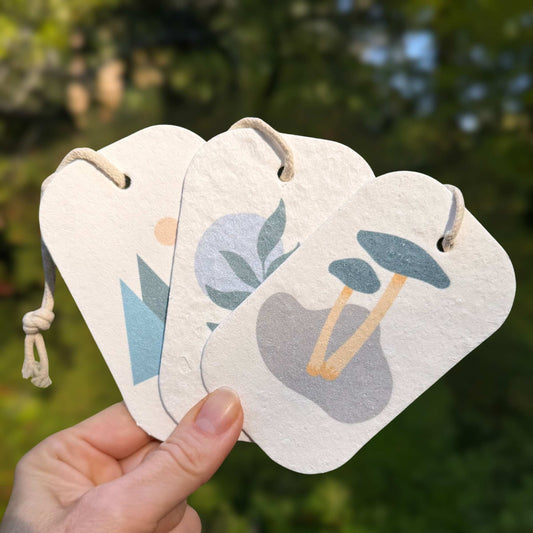 Forest print pop-up kitchen sponges with mountain, fern, and mushroom designs fanned out in hand