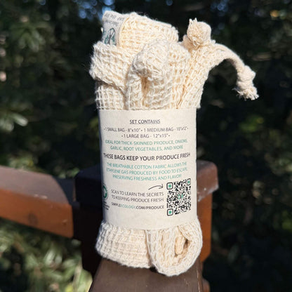 Back label of organic cotton mesh produce  bag set, showing dimensions and information