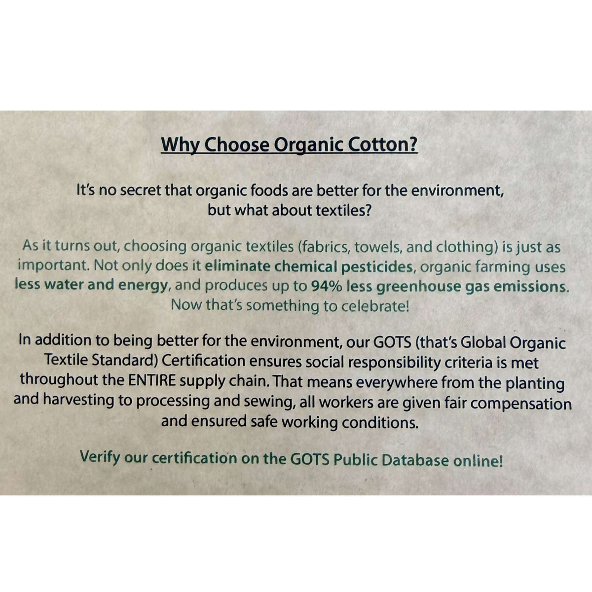 Organic cotton mesh prouce bag information label on why to choose organic cotton