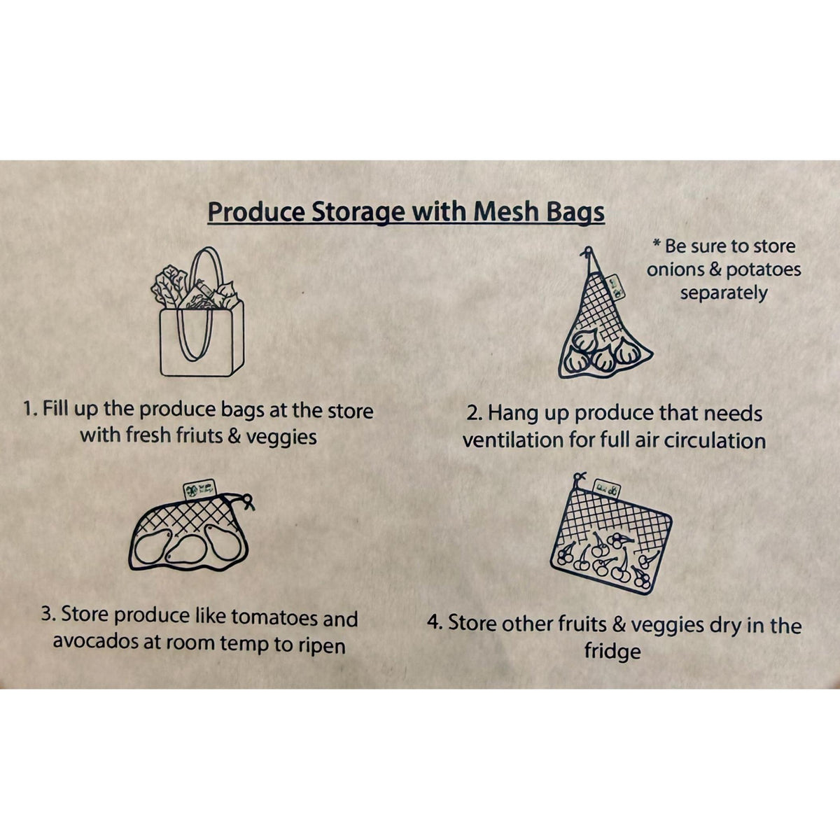 Organic cotton mesh produce bag storage instruction label