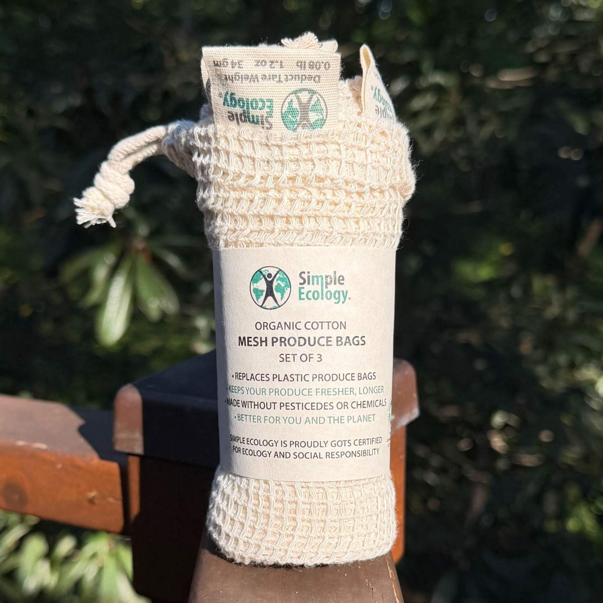 Set of 3 organic cotton mesh produce bags with drawstring, small medium large, rolled up in a pack