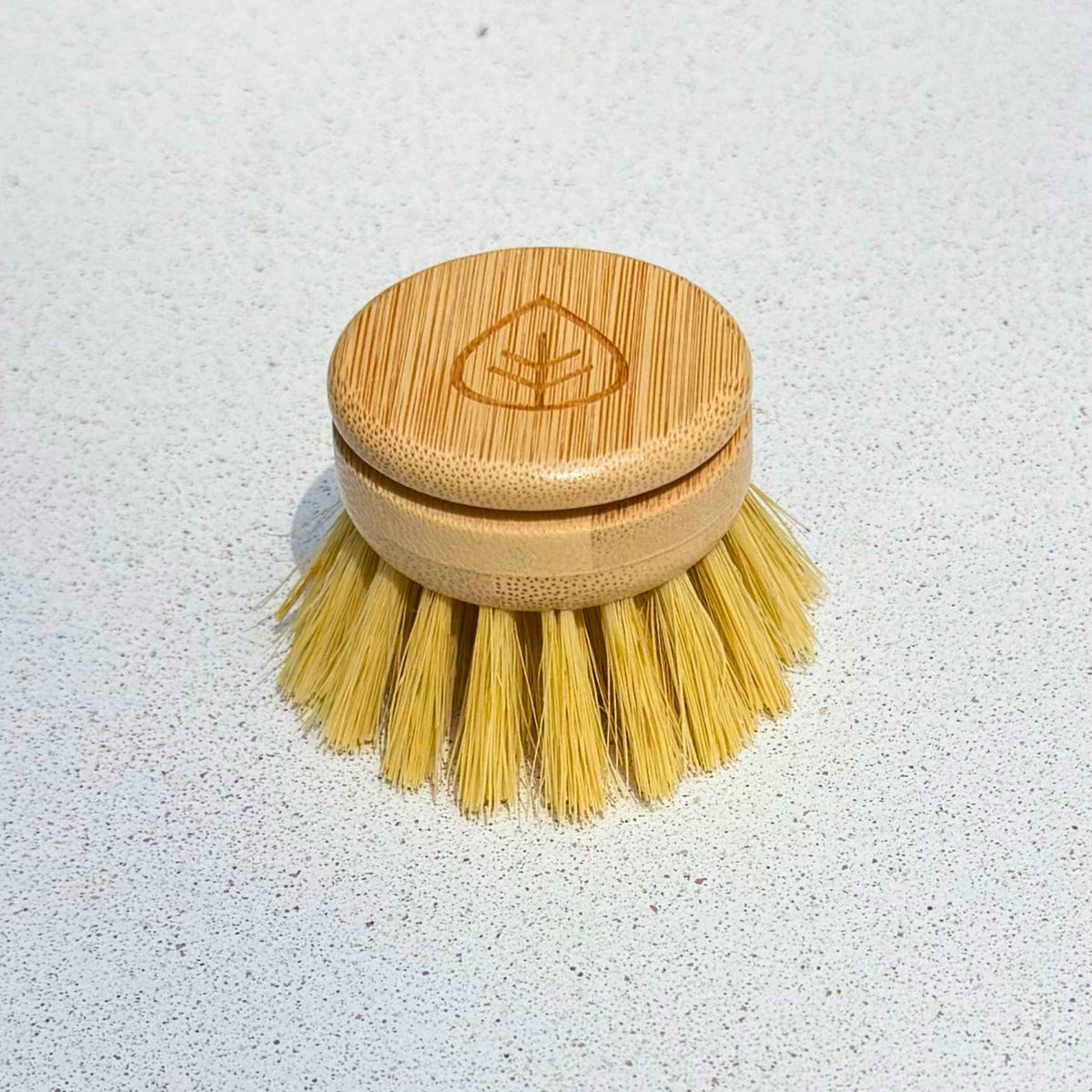 Single sisal replacement dish brush head with bamboo top showing Plantish logo on a speckled white counter