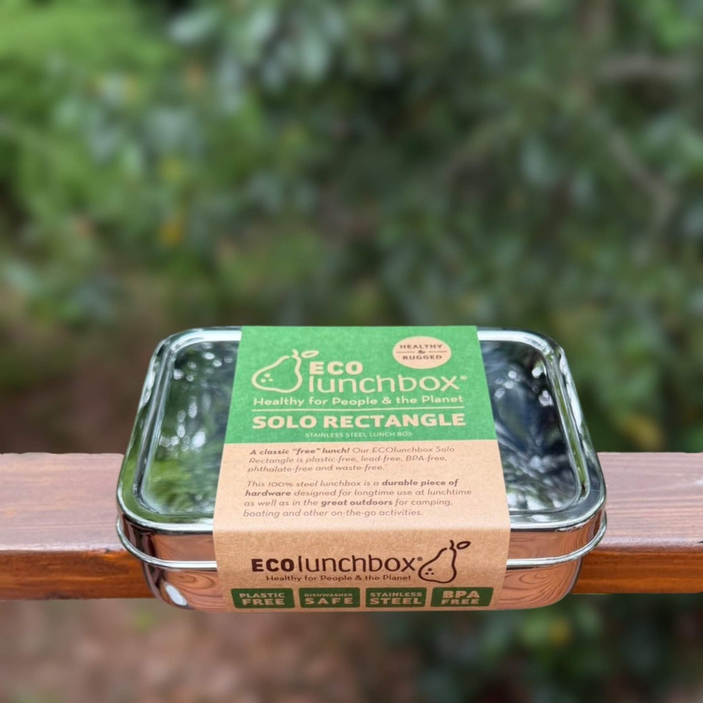 An empty 29 oz ECOlunchbox Solo Rectangle food container showing its lightweight design and smooth rolled steel edges.