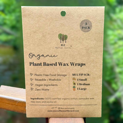 Kraft paper packaging for organic plant-based wax wraps multipack, showing small, medium, and large sizes with ingredient list.