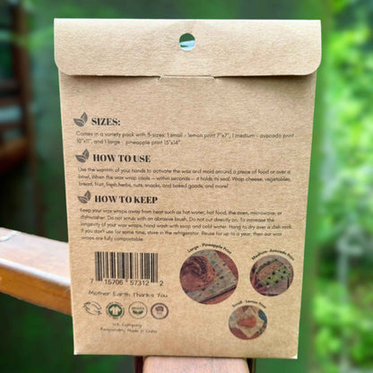 Back of kraft paper packaging for plant-based wax wraps, showing needs, how-to-use, and how-to-keep instructions with barcode.