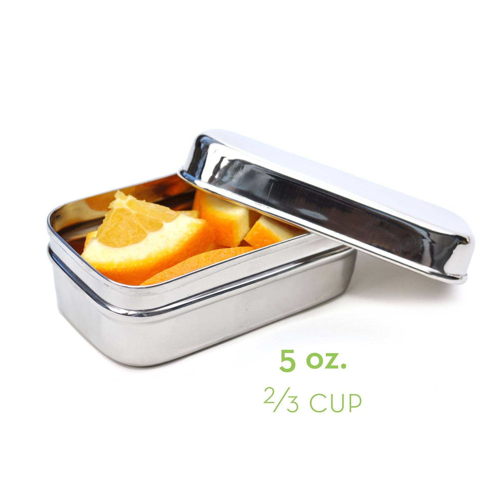 Open stainless steel snack container filled with sliced oranges, showing 5 oz capacity text.