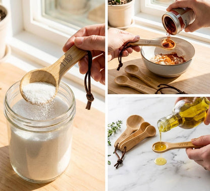 Collage of measuring oil, salt and cinnamon with wooden spoons over a counter