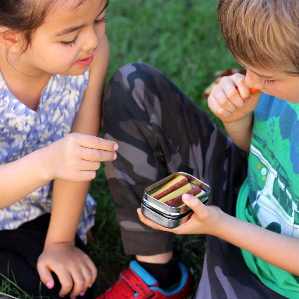 Two kids sitting outside sharing snacks from a small ECOlunchbox stainless steel container.