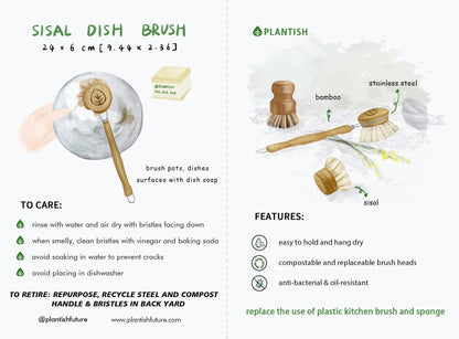 Product information card for Plantish Sisal Dish Brush with features and care instructions.